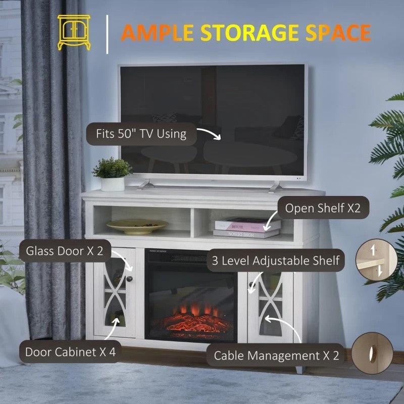 Rustic White Electric Fireplace Mantel TV Stand w/ Adjustable Shelves 2 Storage Cabinets - PRHOMZ