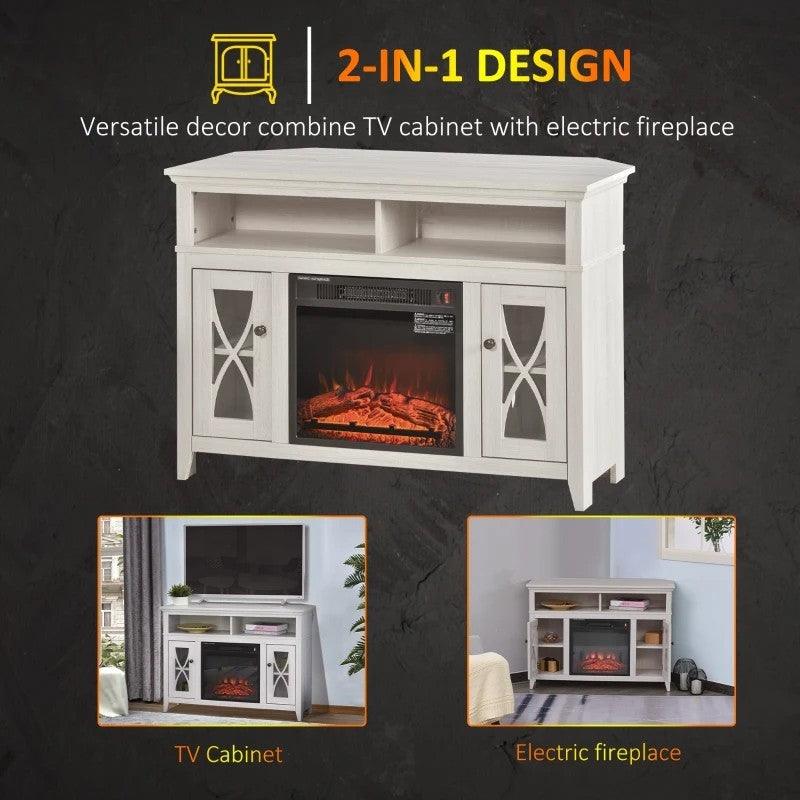 Rustic White Electric Fireplace Mantel TV Stand w/ Adjustable Shelves 2 Storage Cabinets - PRHOMZ
