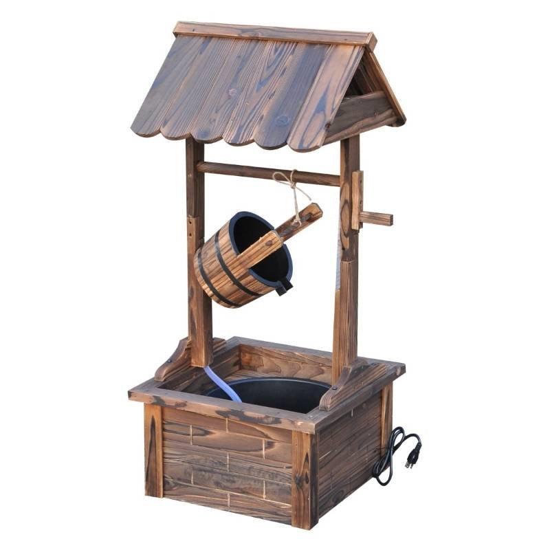 Outdoor Garden Solid Wood Wishing Well Water Fountain with Bucket and Pump - PRHOMZ