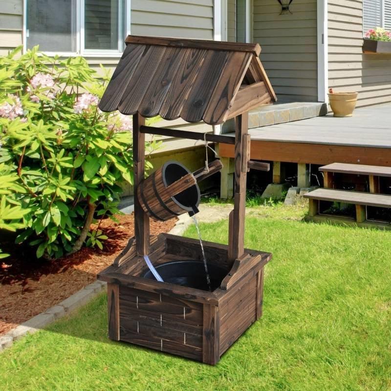Outdoor Garden Solid Wood Wishing Well Water Fountain with Bucket and Pump - PRHOMZ