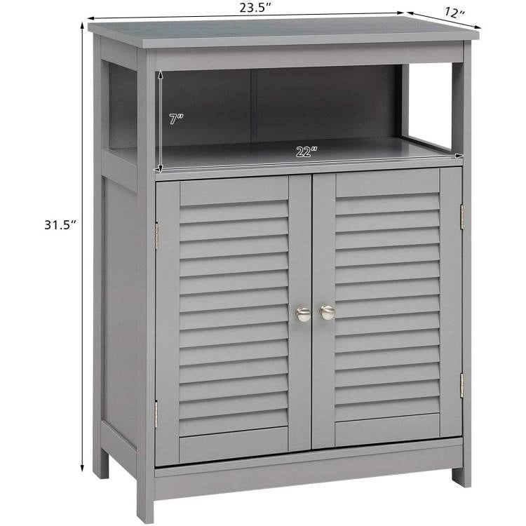 Grey Farmhouse Bathroom Linen Cabinet with Louvered Doors and Open Shelf-4