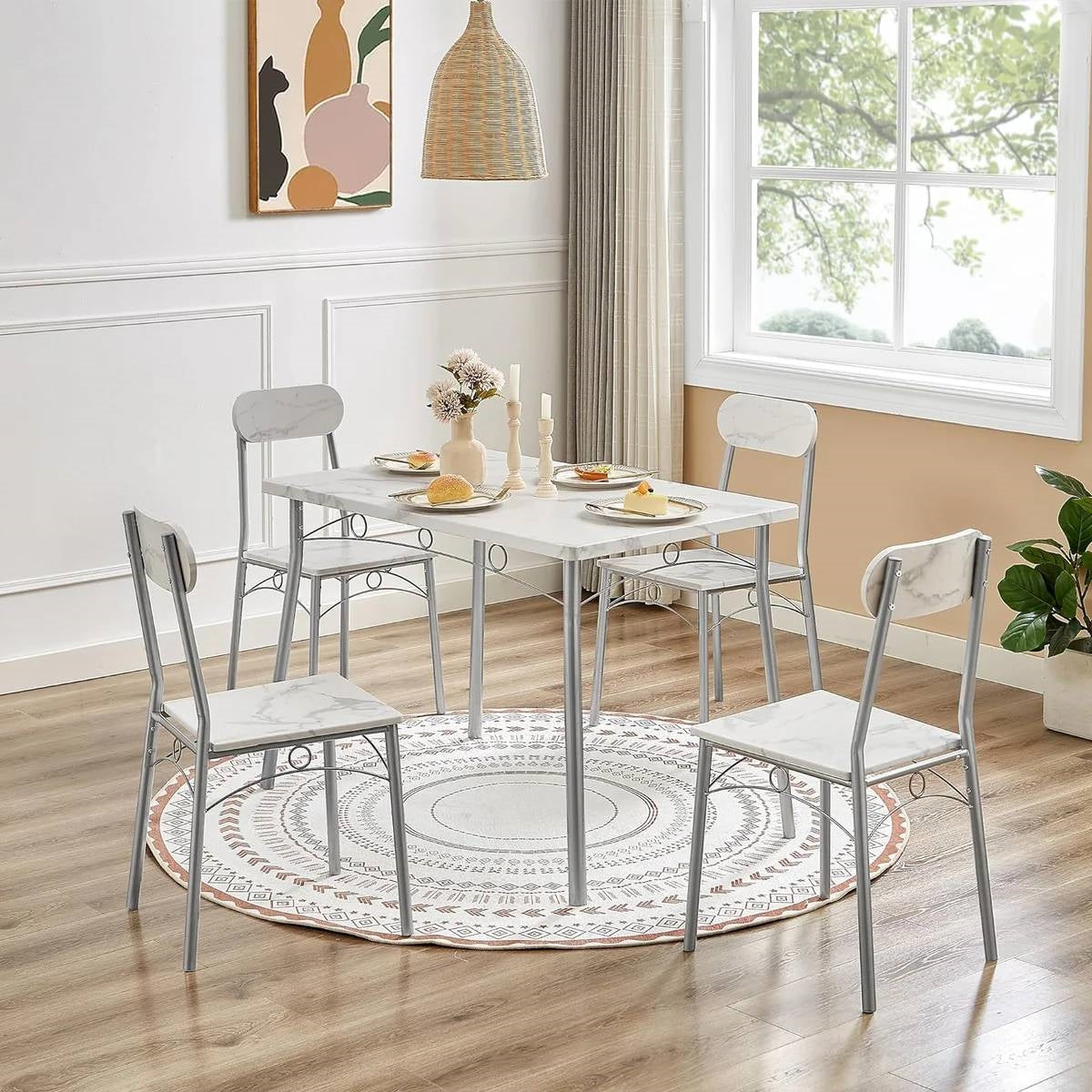 Modern 5-Piece Dining Set with White Faux Marble Top Table and 4 Chairs-0