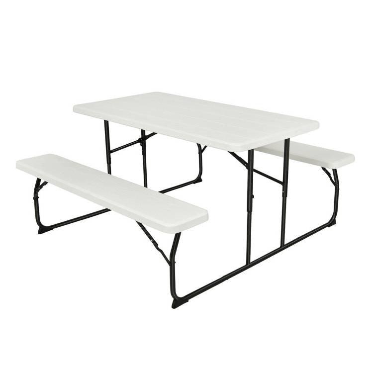 Folding White HDPE Picnic Table with 2 Benches Outdoor Patio Furniture Set - PRHOMZ