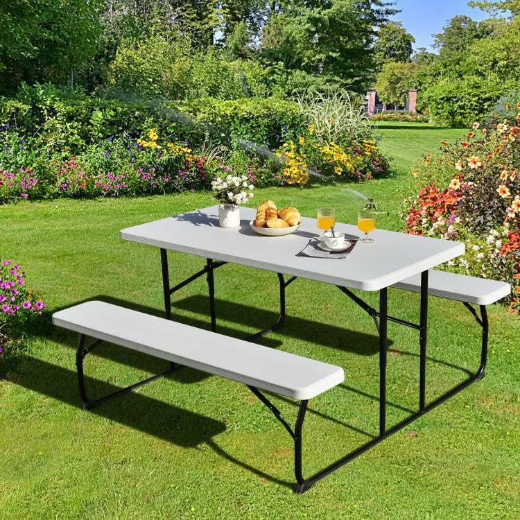 Folding White HDPE Picnic Table with 2 Benches Outdoor Patio Furniture Set - PRHOMZ