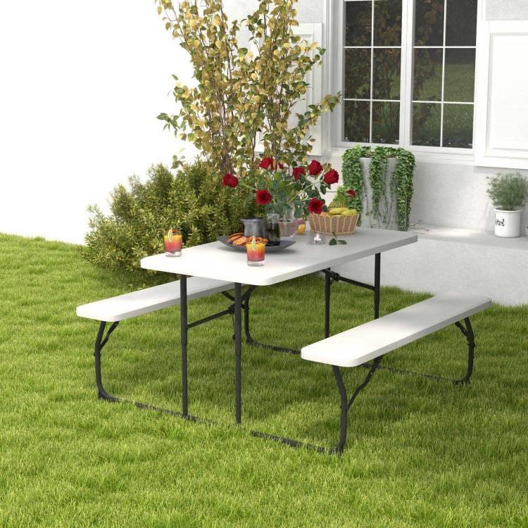 Folding White HDPE Picnic Table with 2 Benches Outdoor Patio Furniture Set - PRHOMZ