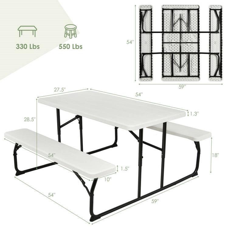 Folding White HDPE Picnic Table with 2 Benches Outdoor Patio Furniture Set - PRHOMZ