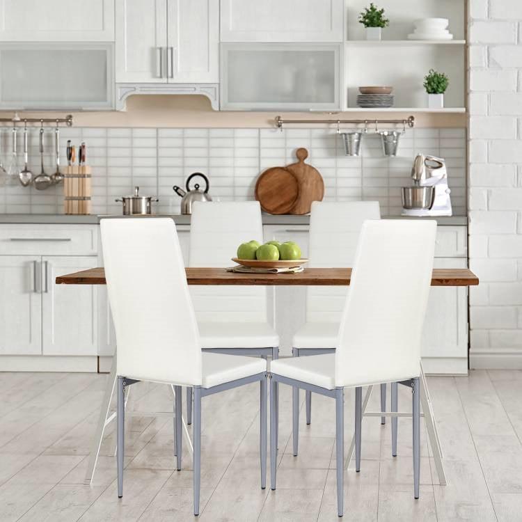 Set of 4 Modern High Back White PVC Leather Dining Chairs with Metal Legs - PRHOMZ