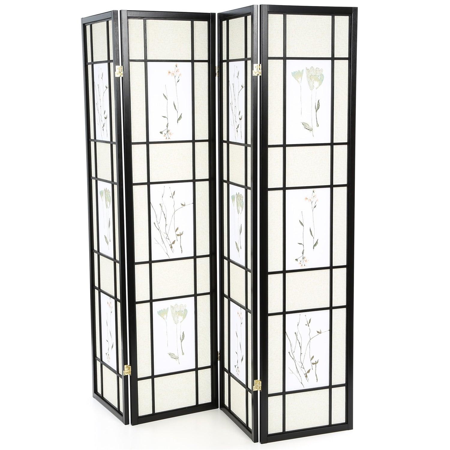 Black 4-Panel Room Divider Shoji Screen with Asian Floral Print - PRHOMZ
