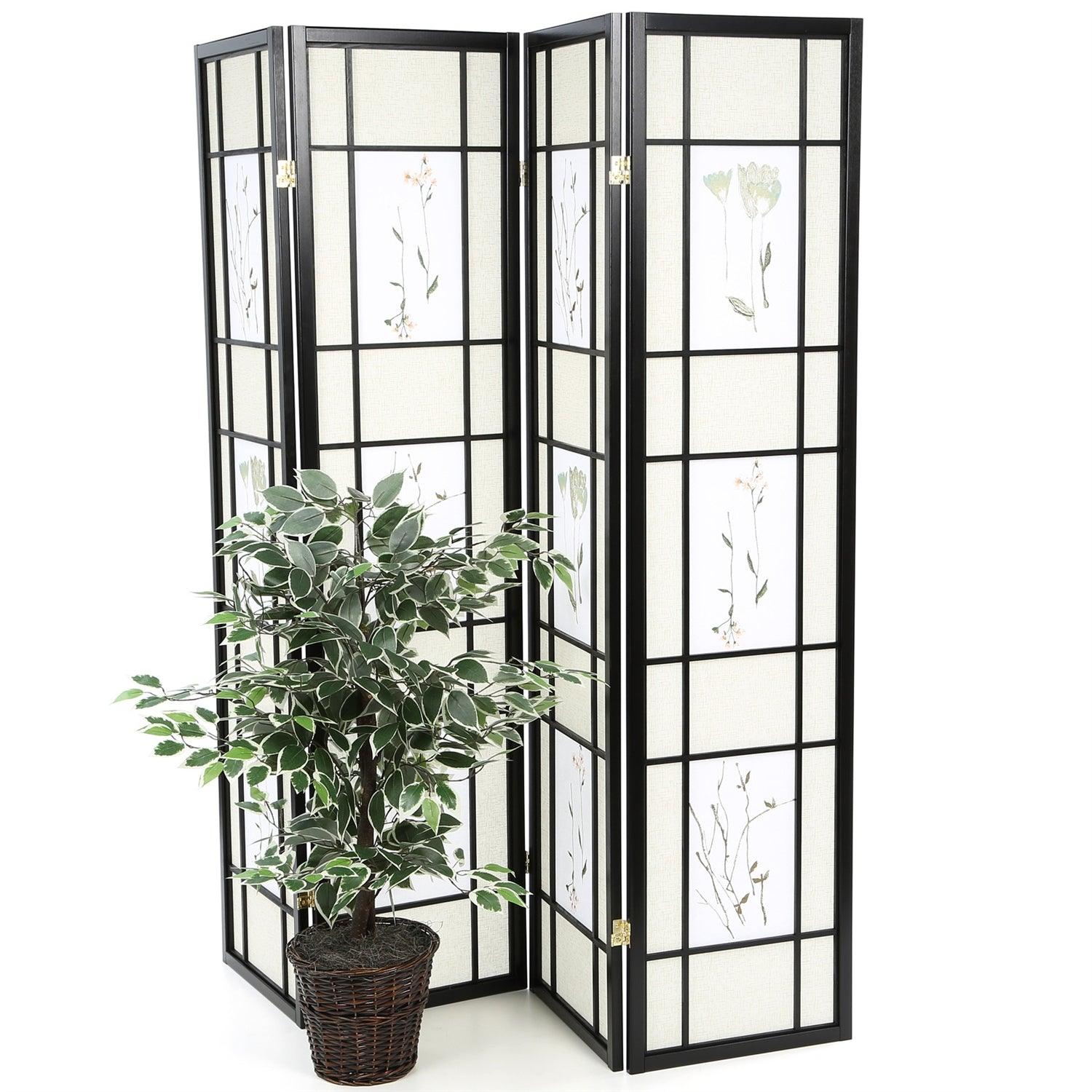 Black 4-Panel Room Divider Shoji Screen with Asian Floral Print - PRHOMZ