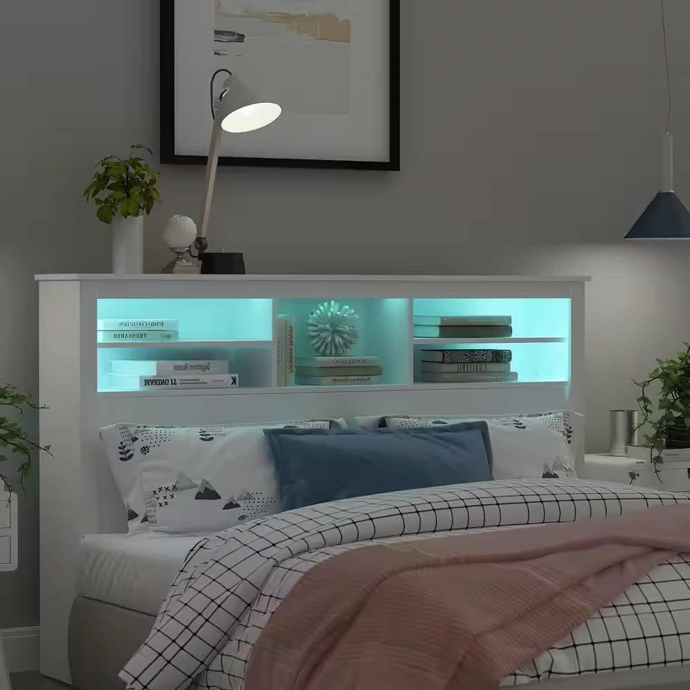 Full / Queen Modern Bookcase Headboard with LED Lights in White Wood Finish - PRHOMZ