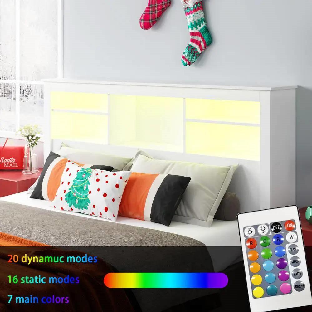 Full / Queen Modern Bookcase Headboard with LED Lights in White Wood Finish - PRHOMZ