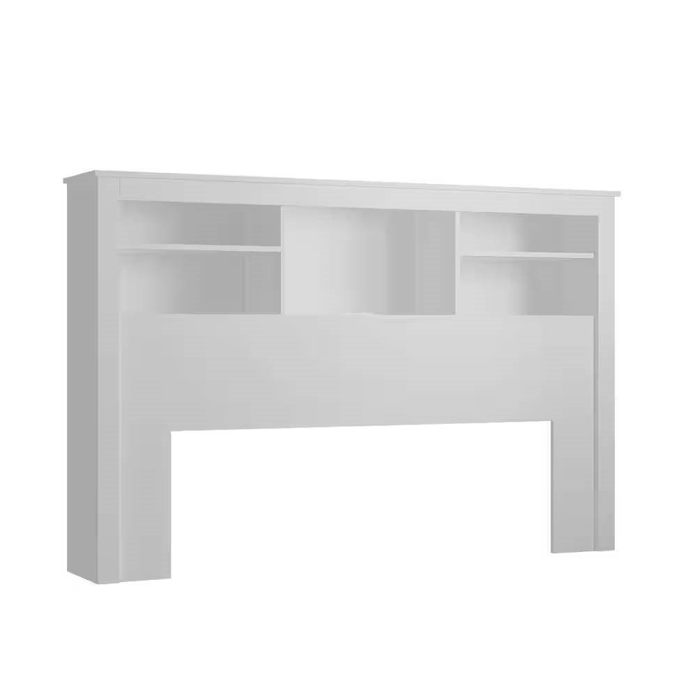 Full / Queen Modern Bookcase Headboard with LED Lights in White Wood Finish - PRHOMZ