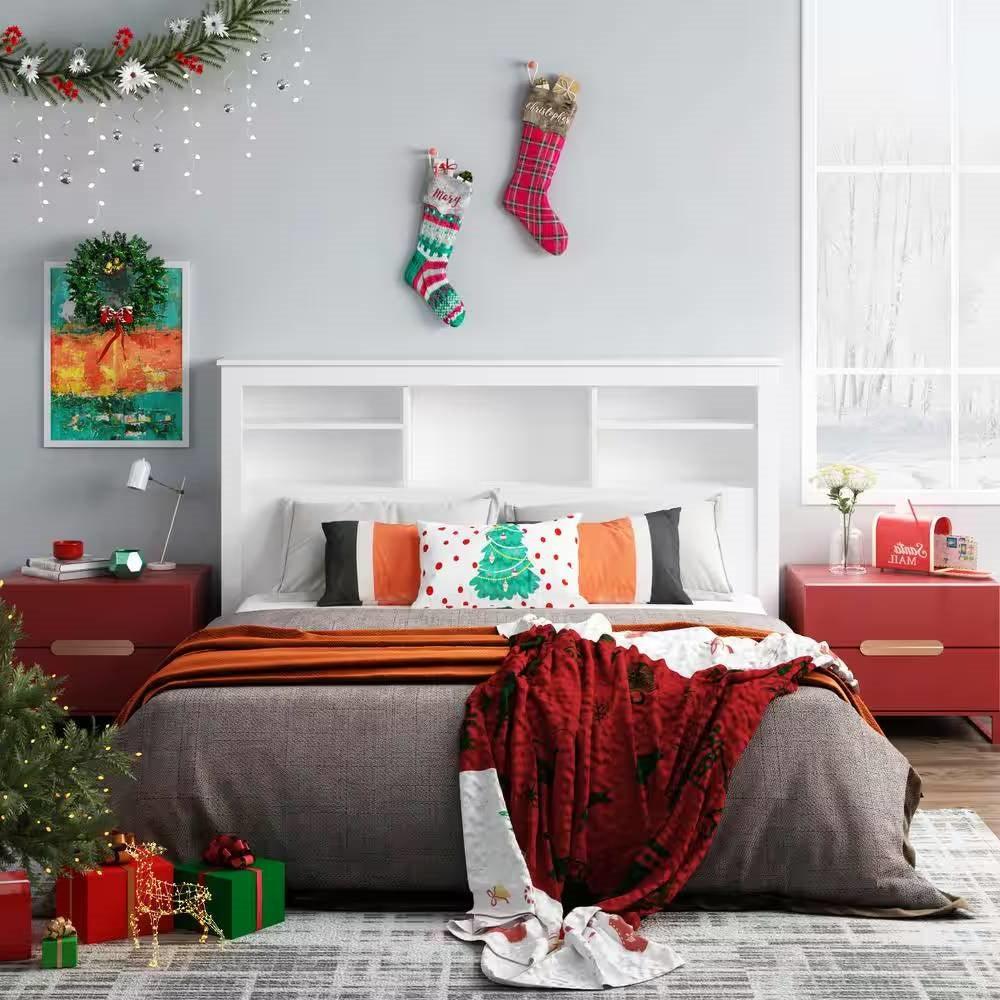 Full / Queen Modern Bookcase Headboard with LED Lights in White Wood Finish - PRHOMZ