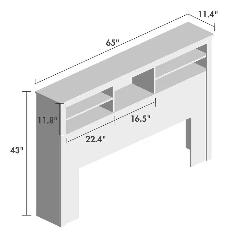 Full / Queen Modern Bookcase Headboard with LED Lights in White Wood Finish - PRHOMZ