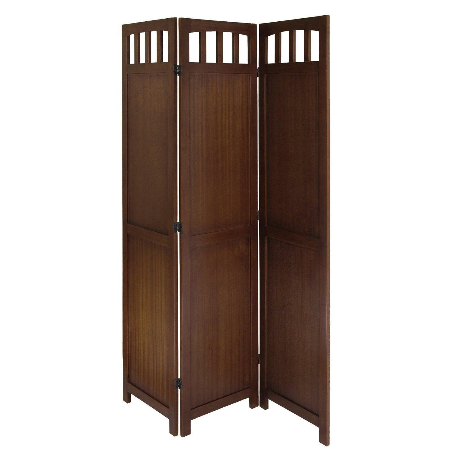 3-Panel Wooden Folding Room Divider Screen in Walnut Finish - PRHOMZ