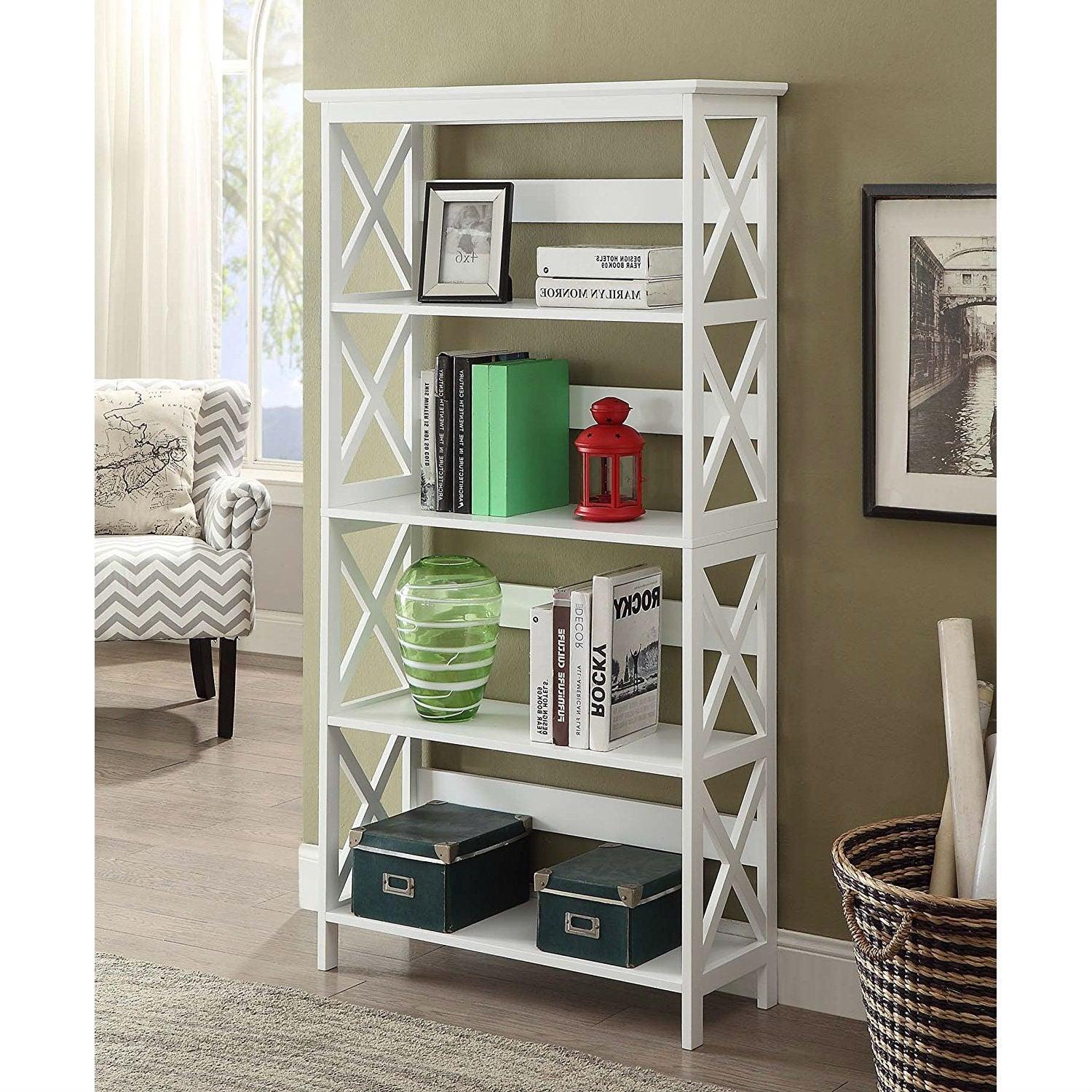 Glossy White 5-Shelf Bookcase - PRHOMZ