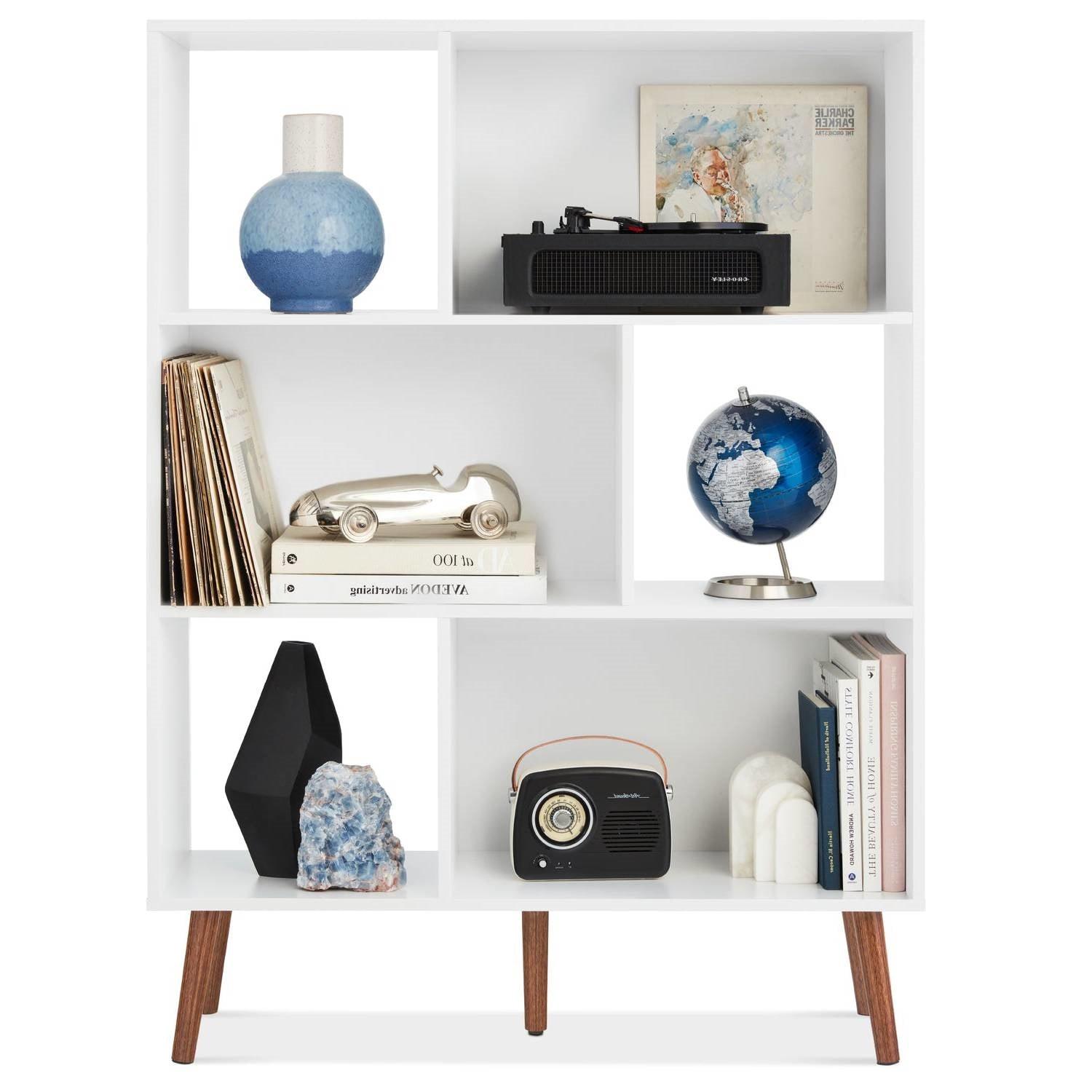 Mid Century Modern Style Bookcase Storage Shelving Unit in White Wood Finish - PRHOMZ