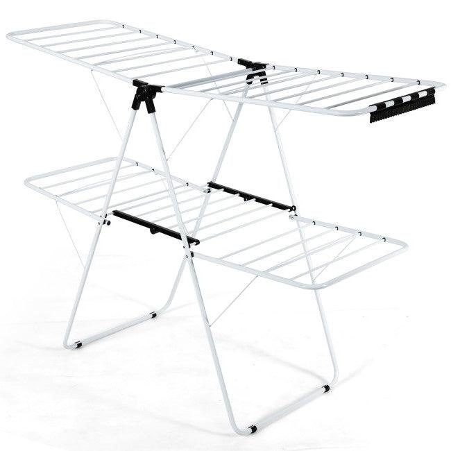 White 2 Level Foldable Clothes Drying Rack Adjustable Height - PRHOMZ