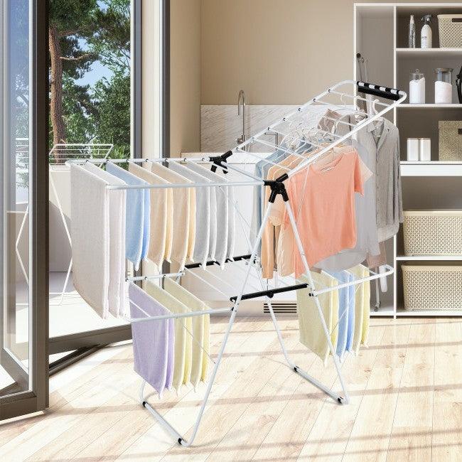 White 2 Level Foldable Clothes Drying Rack Adjustable Height - PRHOMZ