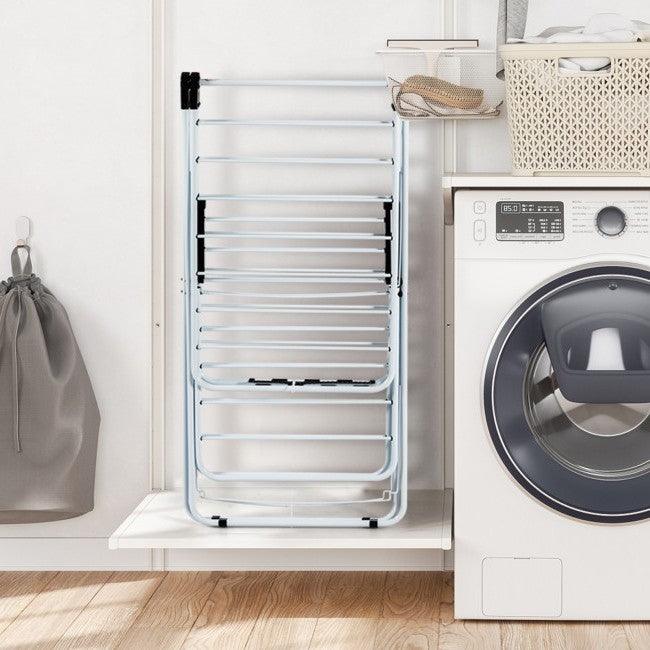 White 2 Level Foldable Clothes Drying Rack Adjustable Height - PRHOMZ