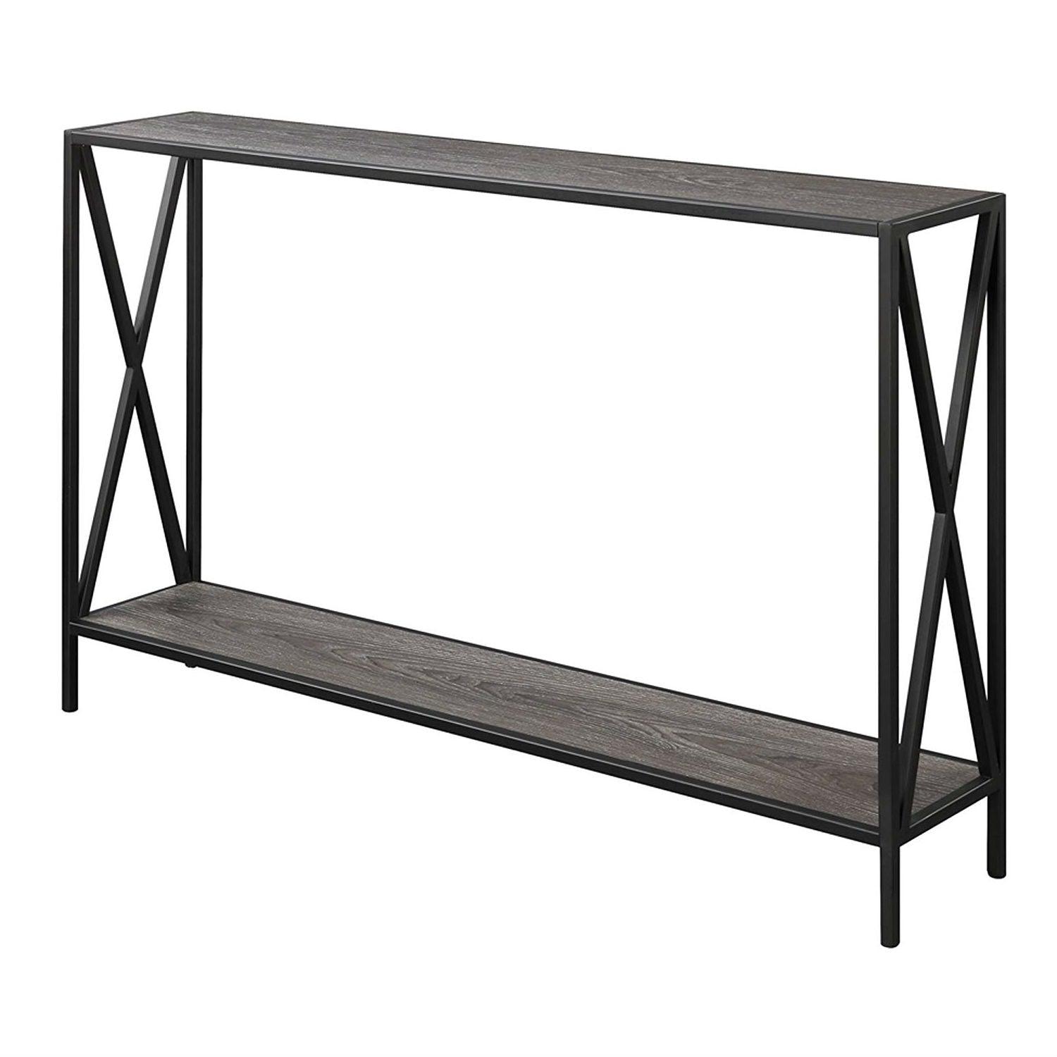 Weathered Grey Wood Console Sofa Table with Bottom Shelf and Metal Frame - PRHOMZ