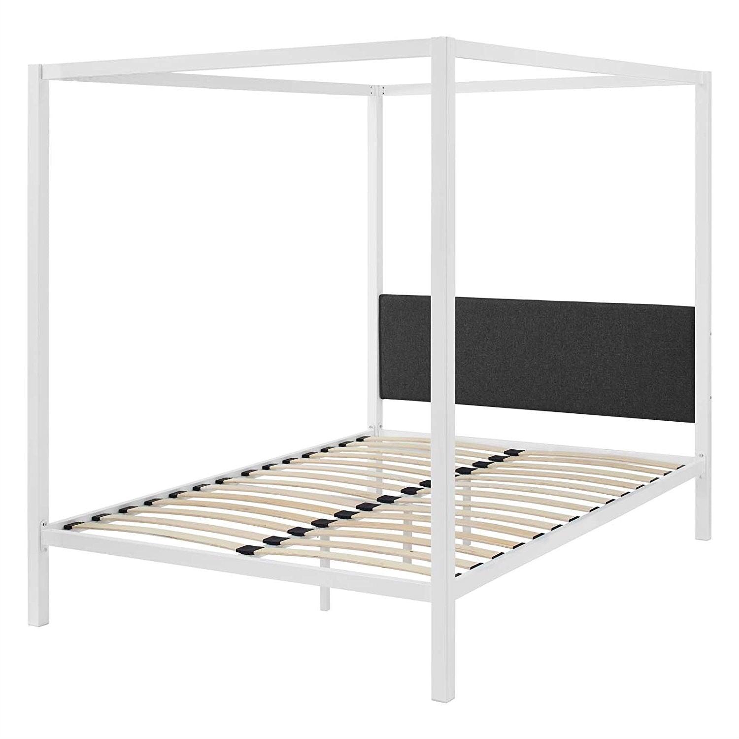 Queen size White Metal Canopy Bed Frame with Grey Fabric Upholstered Headboard - PRHOMZ