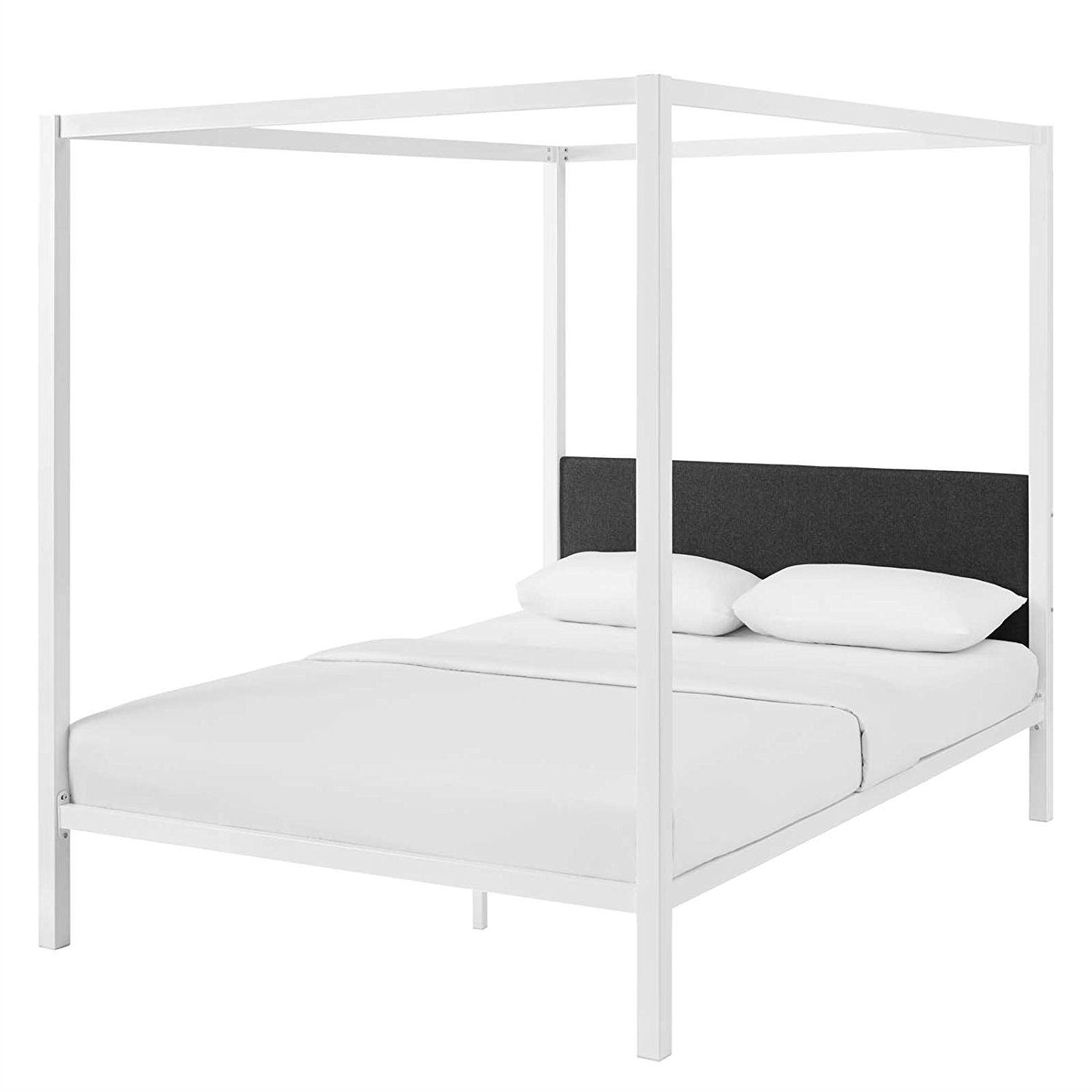 Queen size White Metal Canopy Bed Frame with Grey Fabric Upholstered Headboard - PRHOMZ