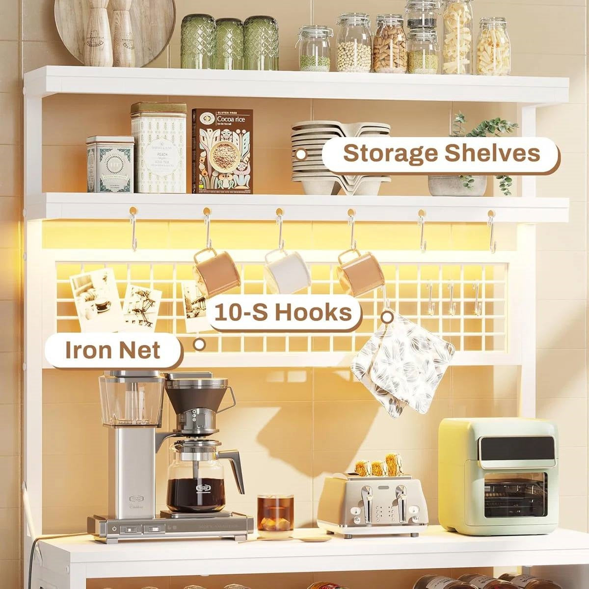 White Modern Industrial Kitchen Baker's Rack with Multi-Color LED Lights-1