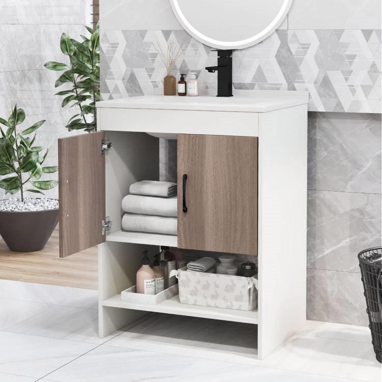 Modern White and Grey Wood Finish Bathroom Vanity with Sink and Faucet - PRHOMZ