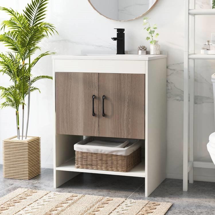 Modern White and Grey Wood Finish Bathroom Vanity with Sink and Faucet - PRHOMZ