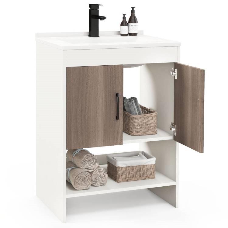 Modern White and Grey Wood Finish Bathroom Vanity with Sink and Faucet - PRHOMZ