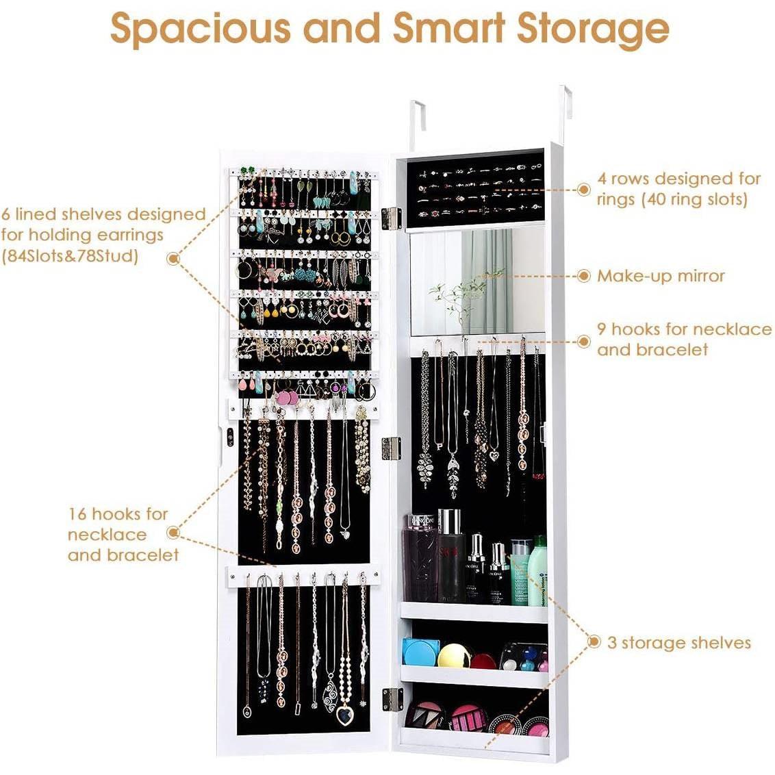 2-in-1 Wall or Door Mounted Jewelry Organizer Full Length Mirror in White - PRHOMZ