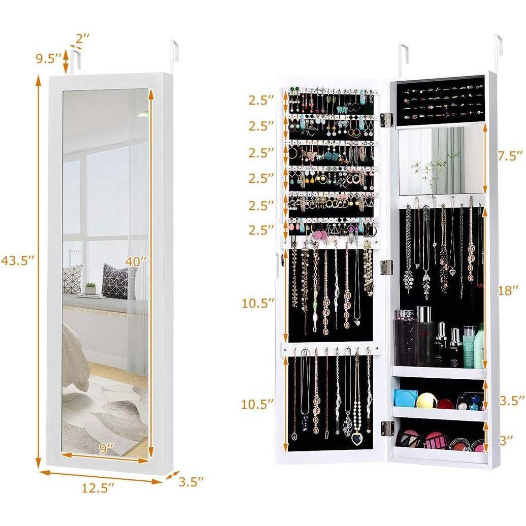 2-in-1 Wall or Door Mounted Jewelry Organizer Full Length Mirror in White - PRHOMZ