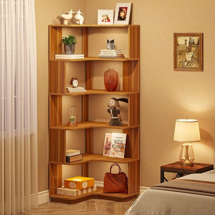 Multifunctional 6 Shelf Corner L-Shaped Bookcase in Brown Wood Finish-2