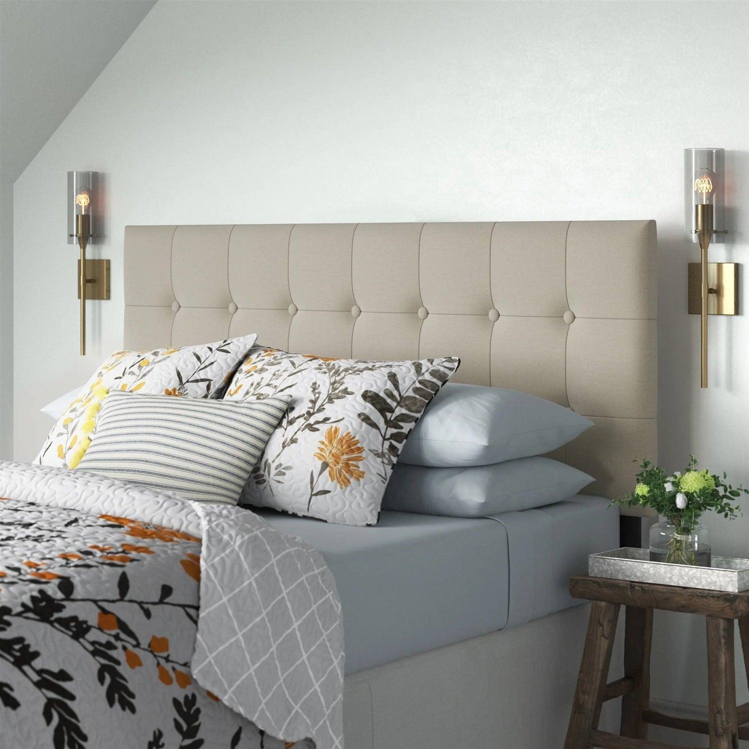 Twin Button-Tufted Headboard in Light Grey Taupe Beige Upholstered Fabric - PRHOMZ