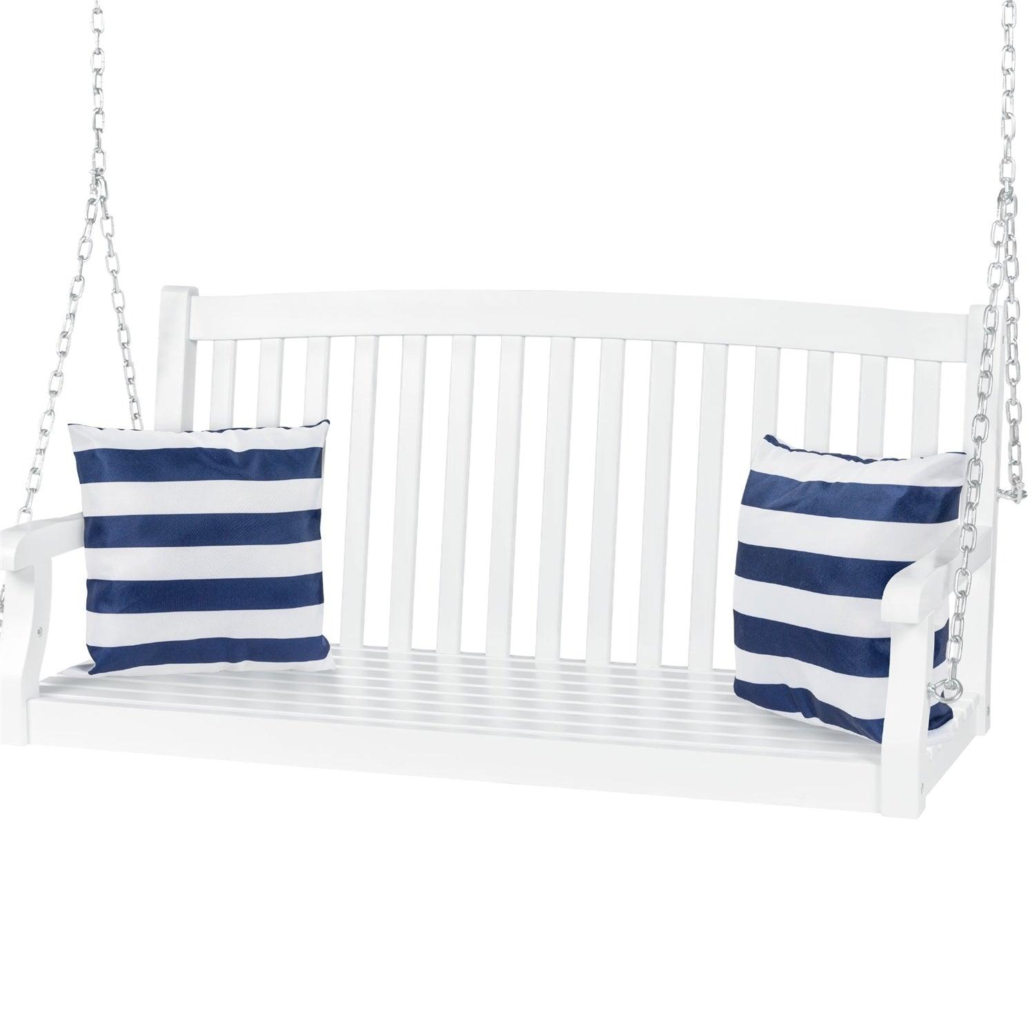 White Acacia Wooden Curved Back Hanging Porch Swing Bench with Mounting Chains - PRHOMZ