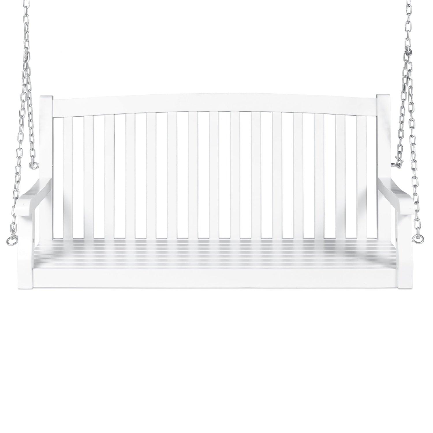 White Acacia Wooden Curved Back Hanging Porch Swing Bench with Mounting Chains - PRHOMZ