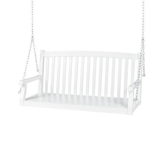 White Acacia Wooden Curved Back Hanging Porch Swing Bench with Mounting Chains - PRHOMZ