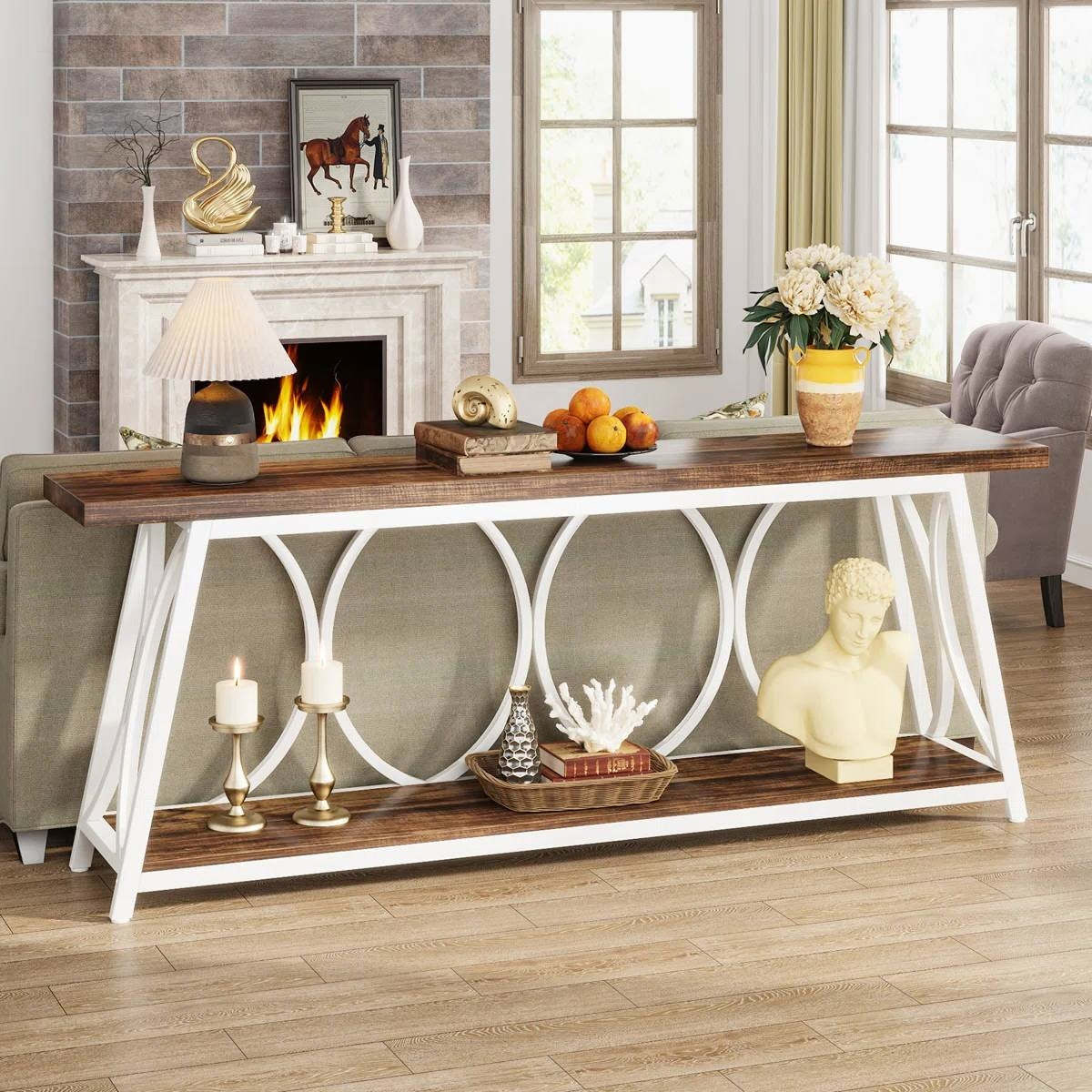 Industrial 70-inch Brown Wood Top Sofa Table with Heavy Duty White Metal Frame-0