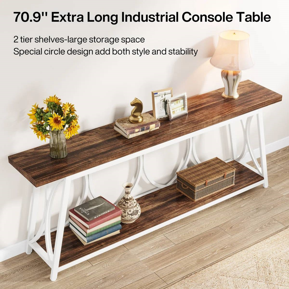 Industrial 70-inch Brown Wood Top Sofa Table with Heavy Duty White Metal Frame-3