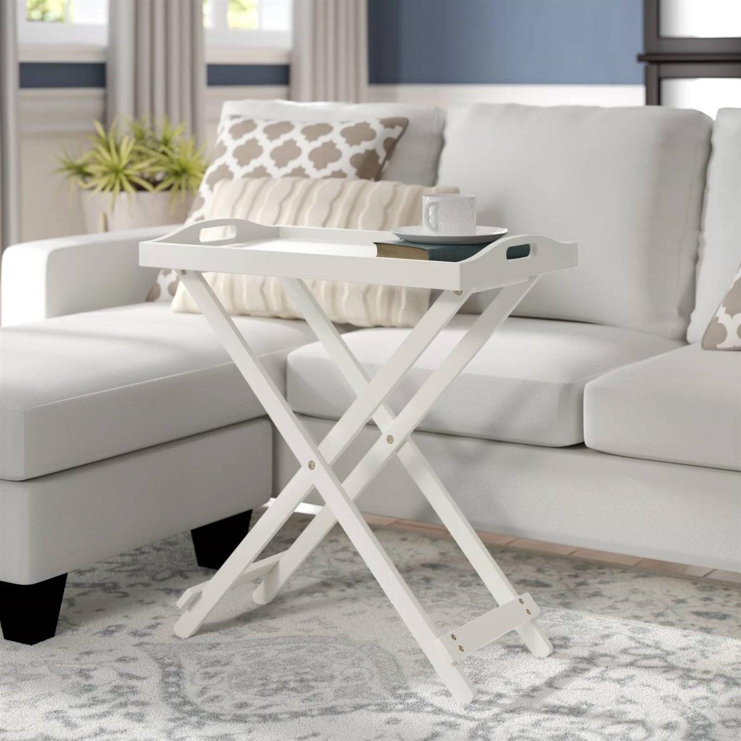 Folding TV Tray Bedside Table in White Wood Finish - PRHOMZ