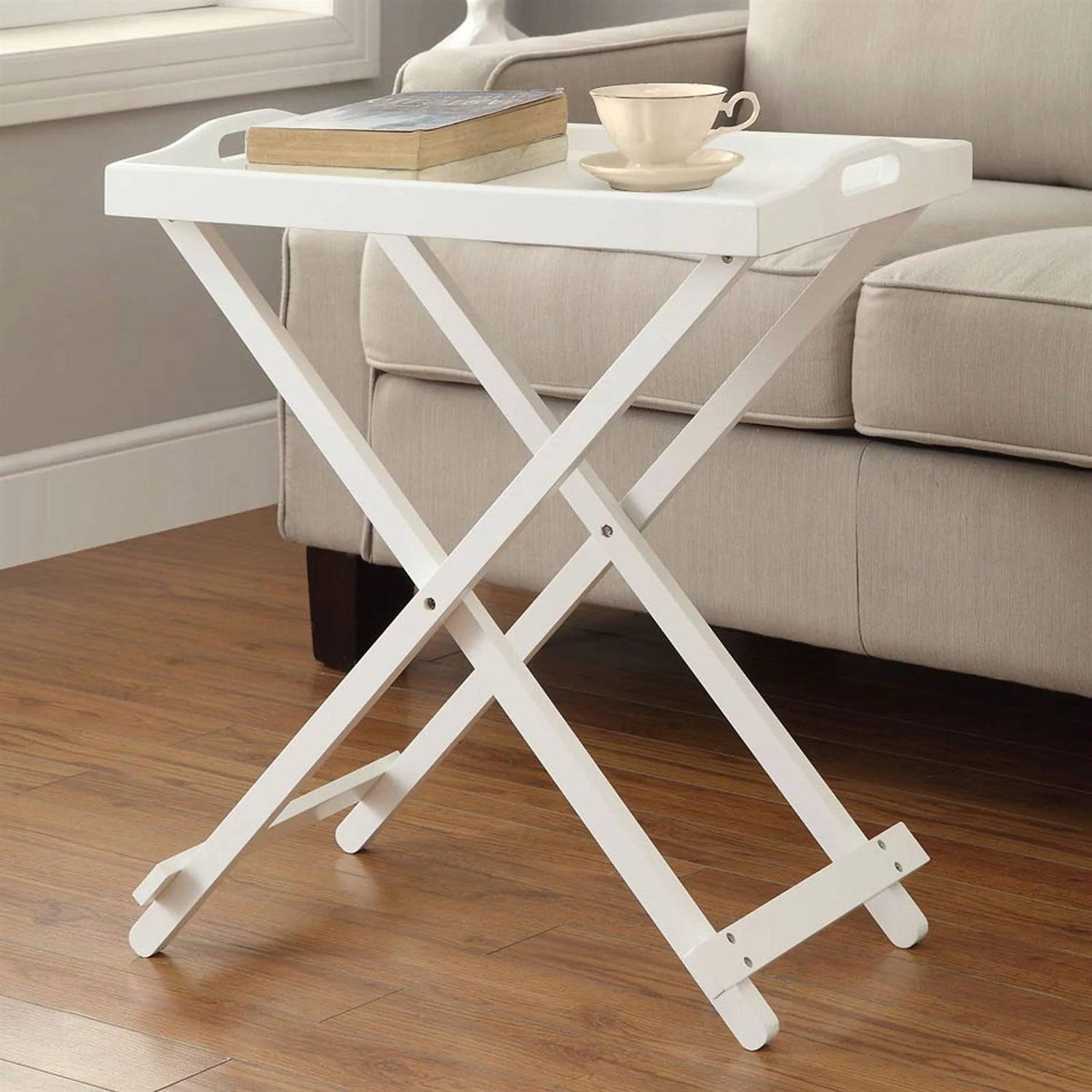 Folding TV Tray Bedside Table in White Wood Finish - PRHOMZ