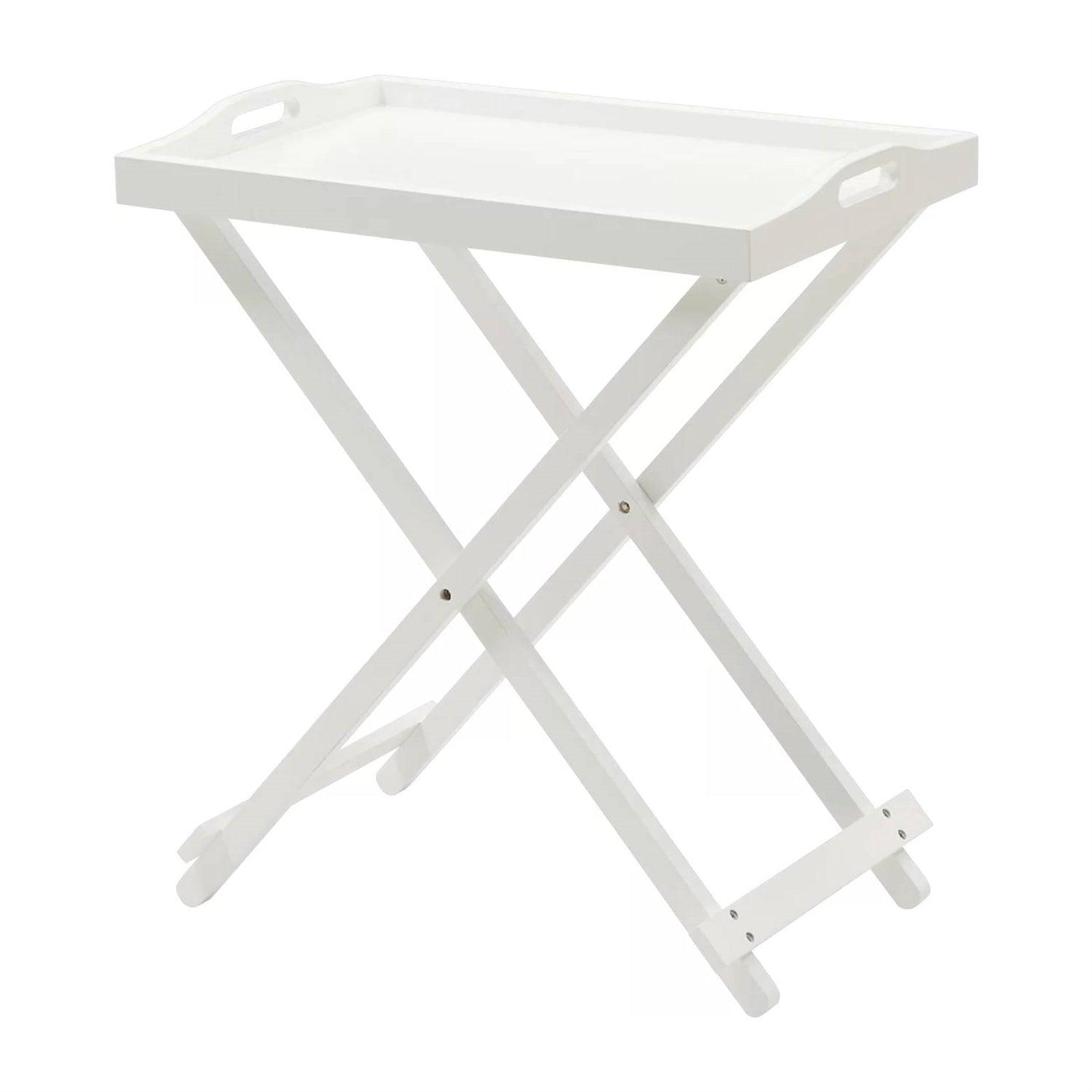 Folding TV Tray Bedside Table in White Wood Finish - PRHOMZ