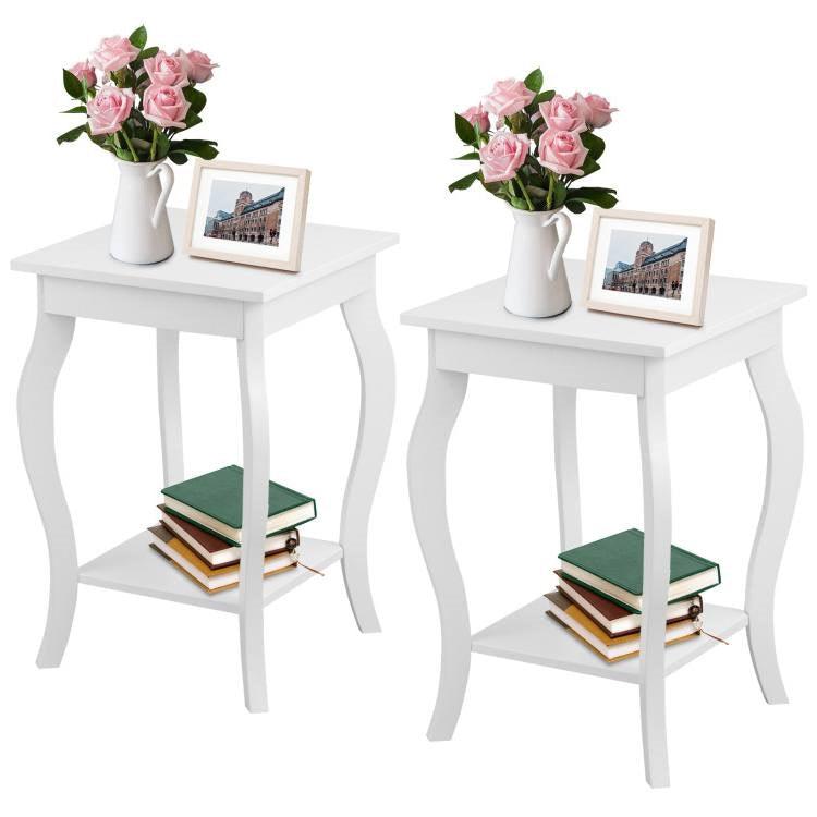 Stylish Nightstand End Table in White Wood Finish - Set of 2 - PRHOMZ