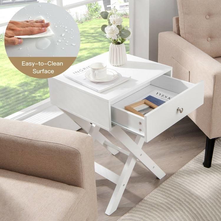 X-Shape 1 Drawer Nightstand End/Side Table Storage in White - PRHOMZ
