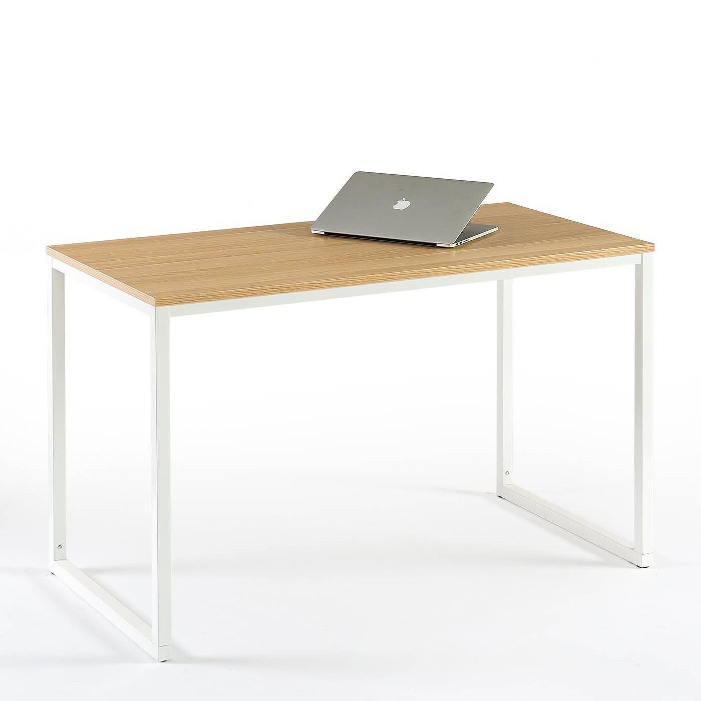 Modern Home Office Desk with White Metal Frame and Wood Table Top - PRHOMZ