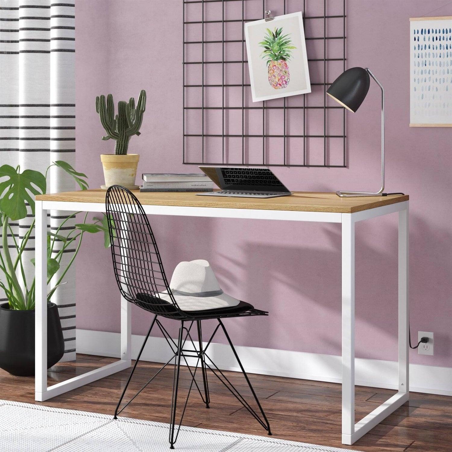 Modern Home Office Desk with White Metal Frame and Wood Table Top - PRHOMZ