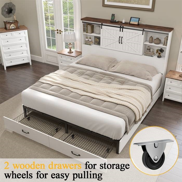 Queen White Farmhouse Platform Bed with Bookcase Headboard and Storage Drawers-3