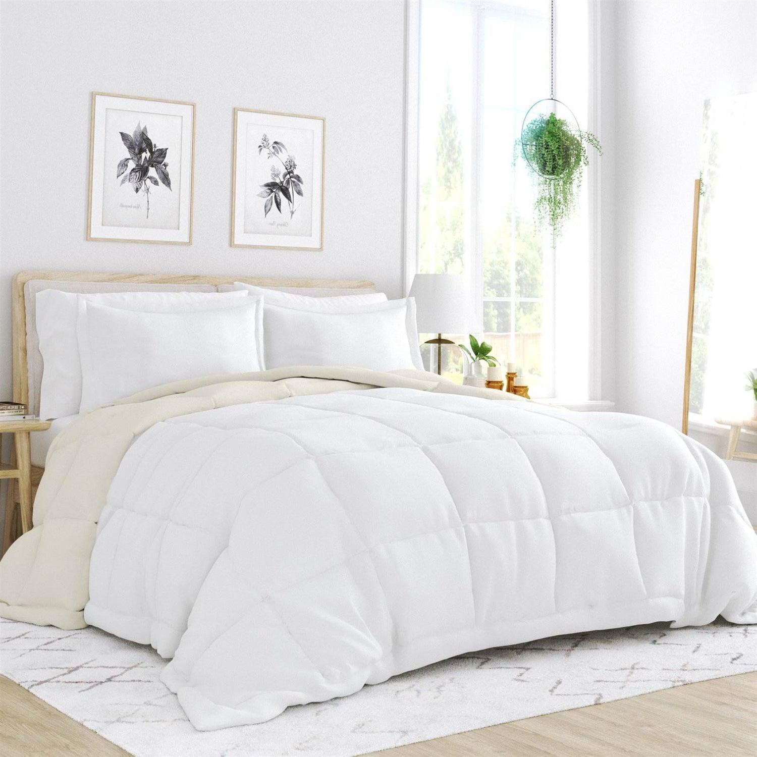 Full/Queen size 3-Piece Microfiber Reversible Comforter Set in White and Cream - PRHOMZ