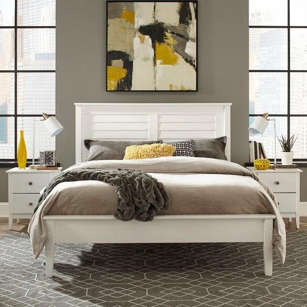 Contemporary White Solid Pine Platform Bed in Queen Size - PRHOMZ
